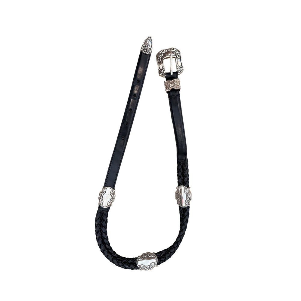 Woolrich Black Leather Braided Western Belt Silver Concho Engraved Buckle Tip